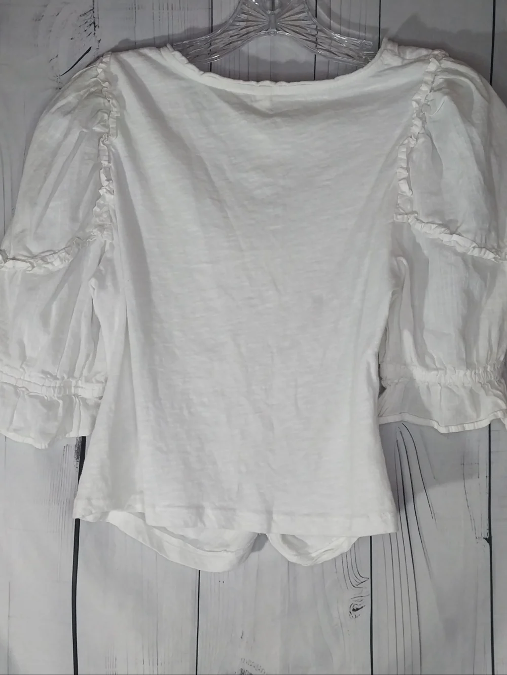 Anthropologie White Ruched V-Neck Puff Sleeve Peasant Boho 100% Cotton Top
